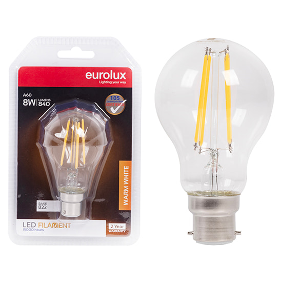 A60 Filament Clear 8W LED B22 3000K Blister 105 lm/W