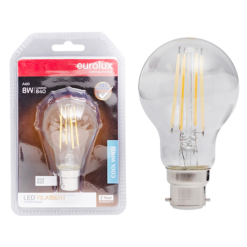 A60 Filament Clear 8W LED B22 4000K Blister 105 lm/W