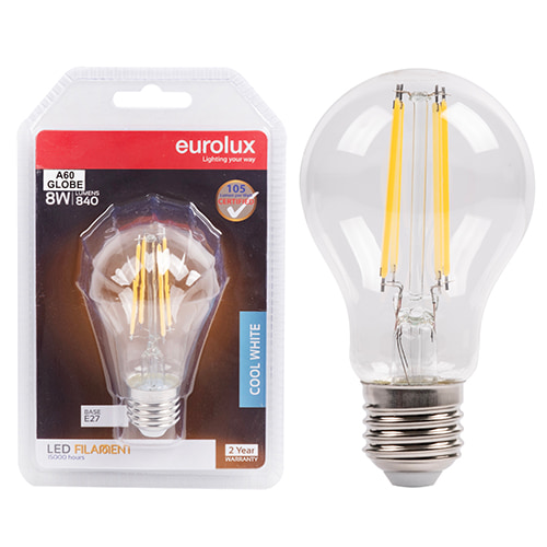 A60 Filament Clear 8W LED E27 4000K Blister 105 lm/W