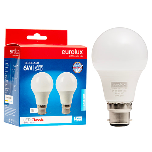 A60 Classic 6W LED B22 6500K Twin Pack Box 105 lm/W