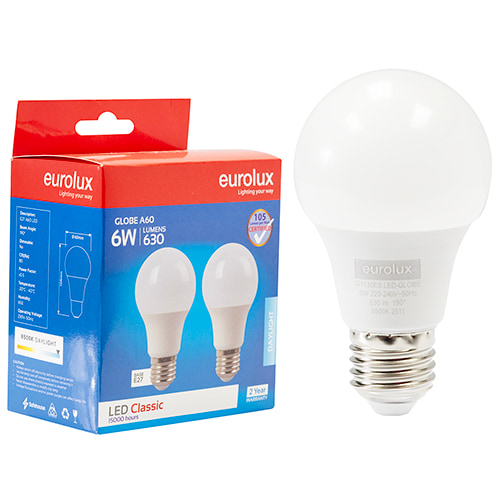 A60 Classic 6W LED E27 6500K Twin Pack Box 105 lm/W
