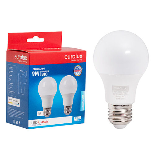 A60 Classic 9W LED E27 6500K Twin Pack Box N