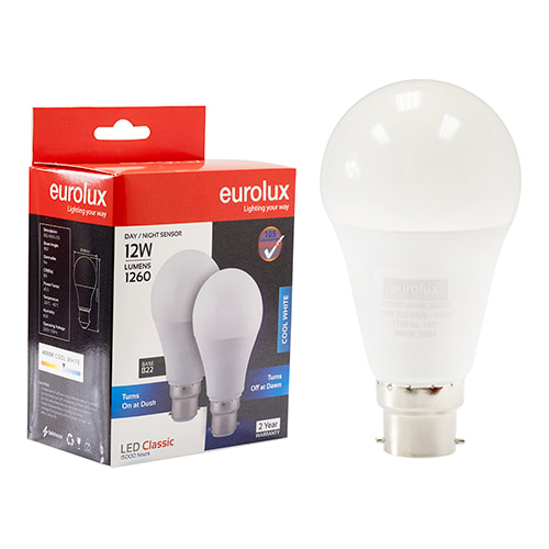 A60 Day/Night Sensor 12W LED B22 4000K Twin Pack Box 105 lm/W