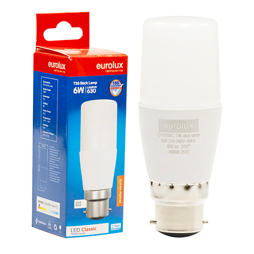 Stick Lamp T36 6W LED B22 3000K 105 lm/W
