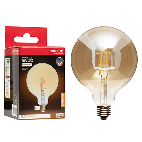 Maxi Globe 125mm Filament Amber 8W LED E27 2700K Dimmable 105 lm/W
