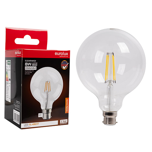 Maxi Globe 125mm Filament 8W LED B22 3000K Dimmable 105 lm/W