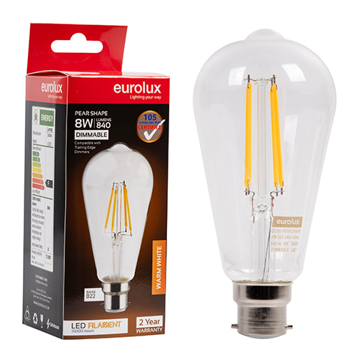 Pear Filament ST64 8W LED B22 3000K Dimmable 105 lm/W