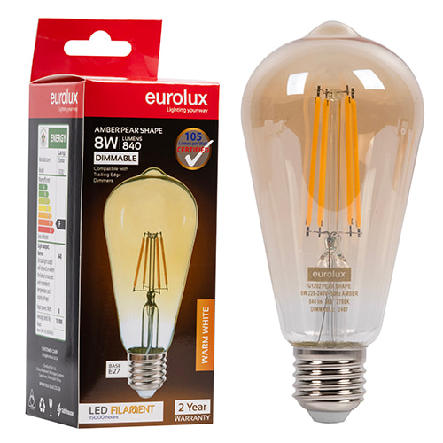 Pear Filament Amber 8W LED E27 2700K Dimmable 105 lm/W