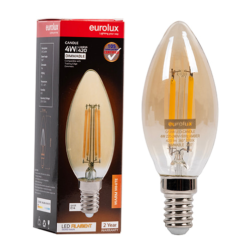 Candle Filament Amber 4W LED E14 2700K Dimmable 105 lm/W