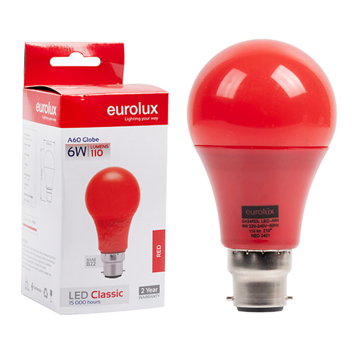 A60 Coloured Classic 6W LED B22 Red