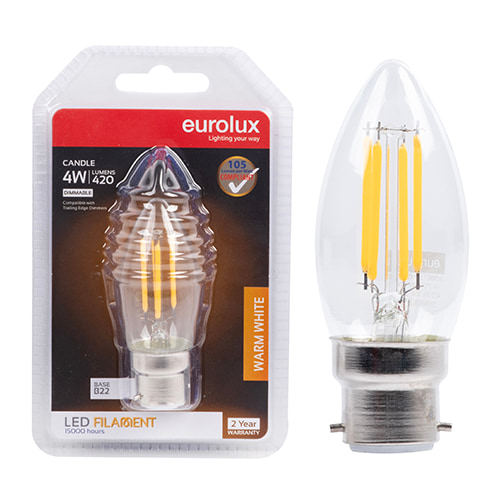 Candle Filament 4W LED B22 3000K Dimmable 105 lm/W