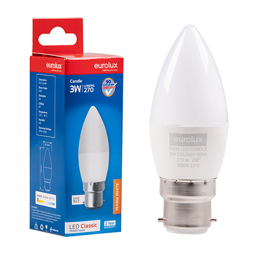 Candle Plastic Classic 3W LED B22 3000K 105 lm/W
