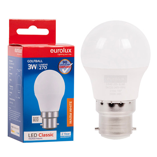 Golfball Classic 3W LED B22 3000K 105 lm/W