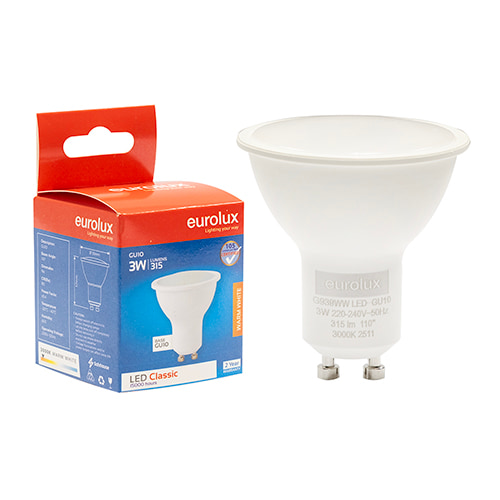 GU10 Classic Frosted Lens 3W LED 3000K 105 lm/W