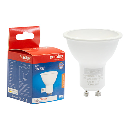 GU10 Classic Frosted Lens 5W LED 3000K Non Dimmable 105 lm/W