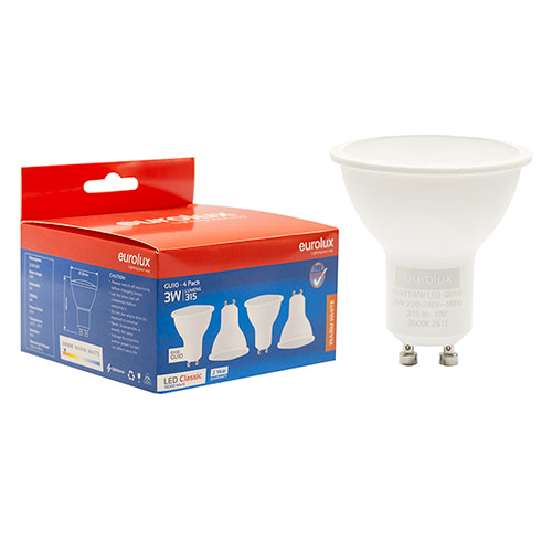 GU10 Classic Frosted Lens 3W LED 3000K 4 Pack 105 lm/W