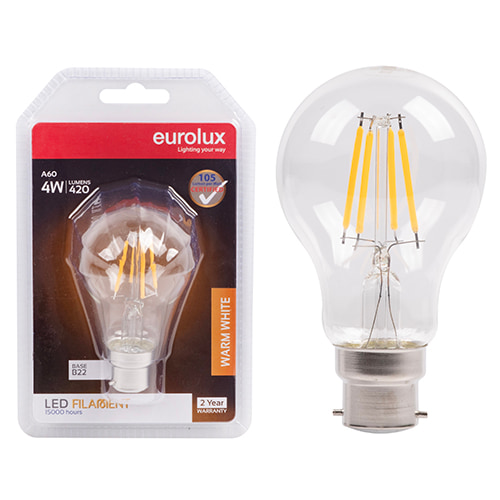 A60 Filament Clear 4W LED B22 3000K 105 lm/W