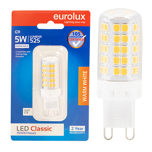 Bi-Pin Classic 5W LED G9 3000K Dimmable 105 lm/W