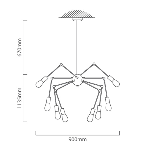 Spider 8LT Pendant 900mm Black E27, Dimension drawing (CAD)