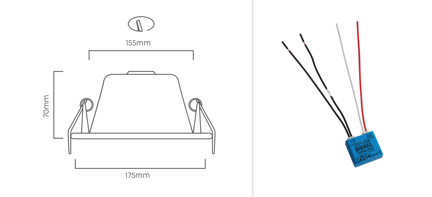 Downlight 175mm Dia Ivory White LED 20W CCT & Triac Dimmable, Dimension drawing