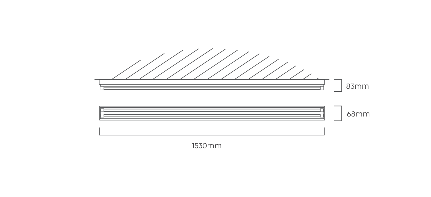 5FT T8 Open Channel wired for 2x24W LED G13, Dimension drawing