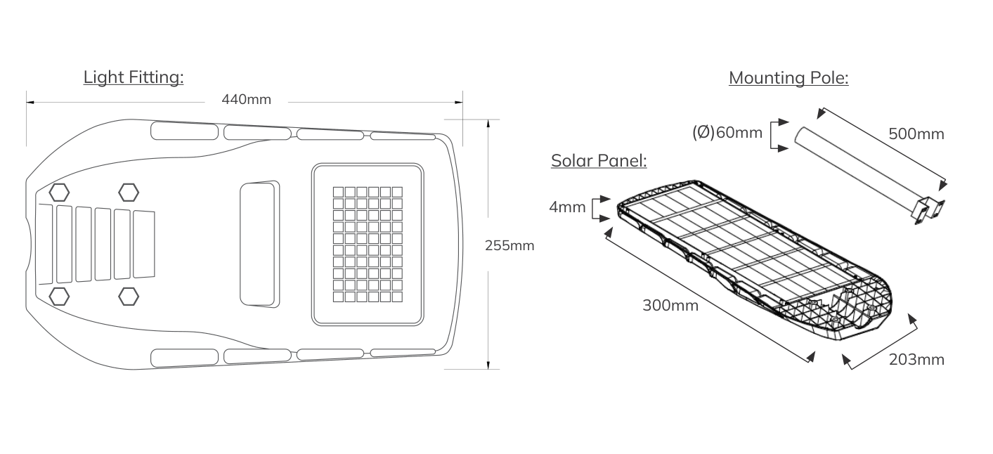 Solar Street Light & Radar Sensor LED 8W 1100lm, Dimension drawing