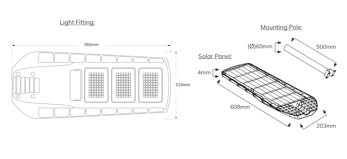 Solar Street Light & Radar Sensor LED 24W 3300lm, Dimension drawing