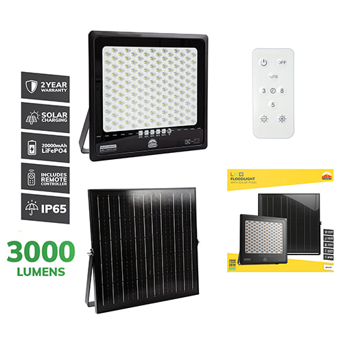 Solar Floodlight & Remote LED 3000lm 6500K