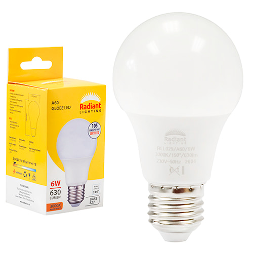 A60 6w LED E27 3000K 105 lm/W