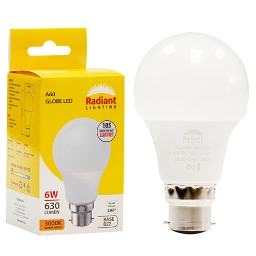 A60 6w LED B22 3000K 105 lm/W