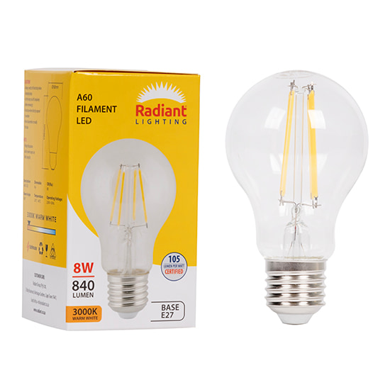 A60 Filament Clear 8w LED E27 3000K 105 lm/W