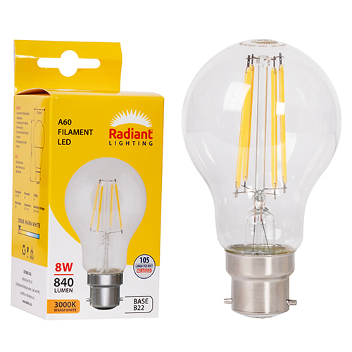 A60 Filament Clear 8w LED B22 3000K 105 lm/W