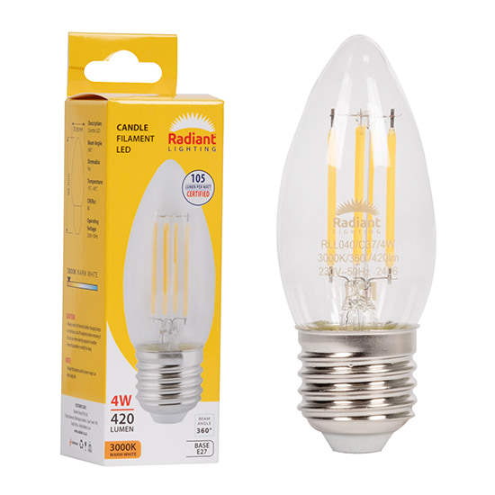 Candle Filament Clear 4w LED E27 3000K 105 lm/W