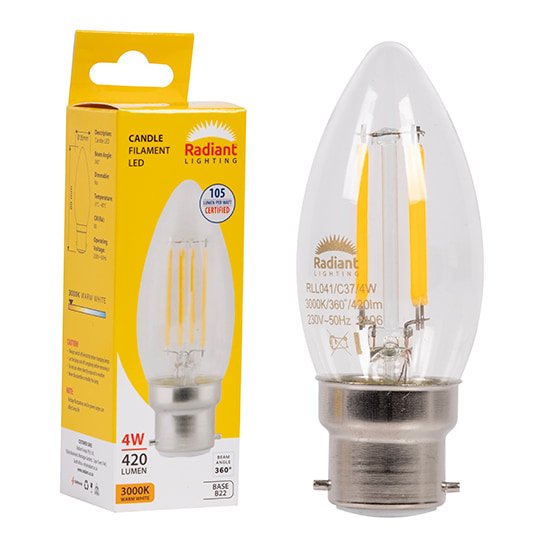 Candle Filament Clear 4w LED B22 3000K 105 lm/W