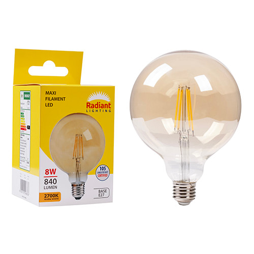 Maxi Globe G125 Filament Amber 8w LED E27 2700K 105 lm/W