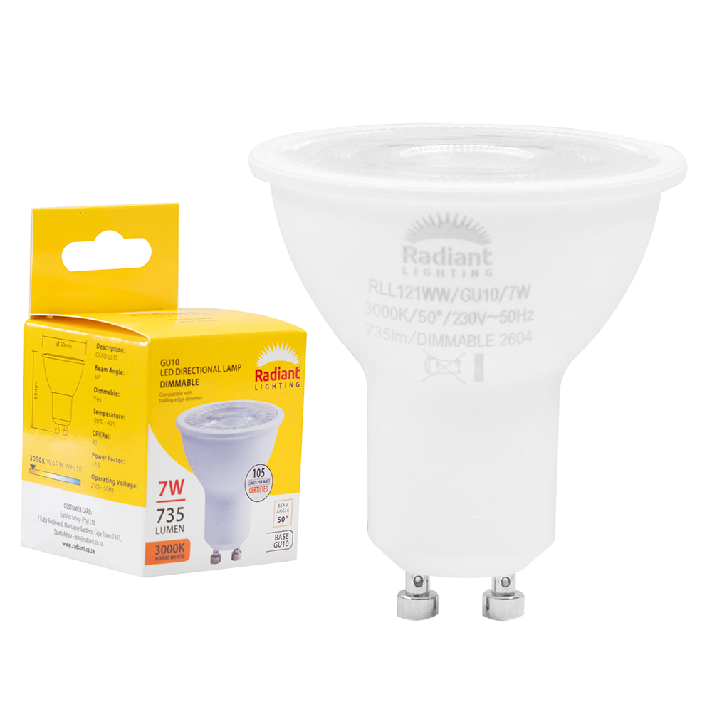 GU10 Clear Lens 7W LED 3000K Dimmable 105 lm/W