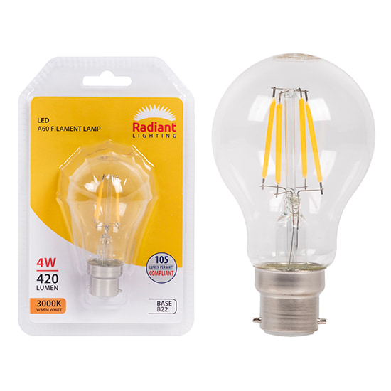 A60 Filament Clear 4W LED B22 3000K 105 lm/W