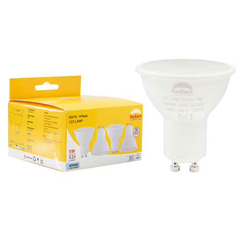 GU10 Frosted Lens 5w LED 4000K Non Dimmable 4 Pack 105 lm/W