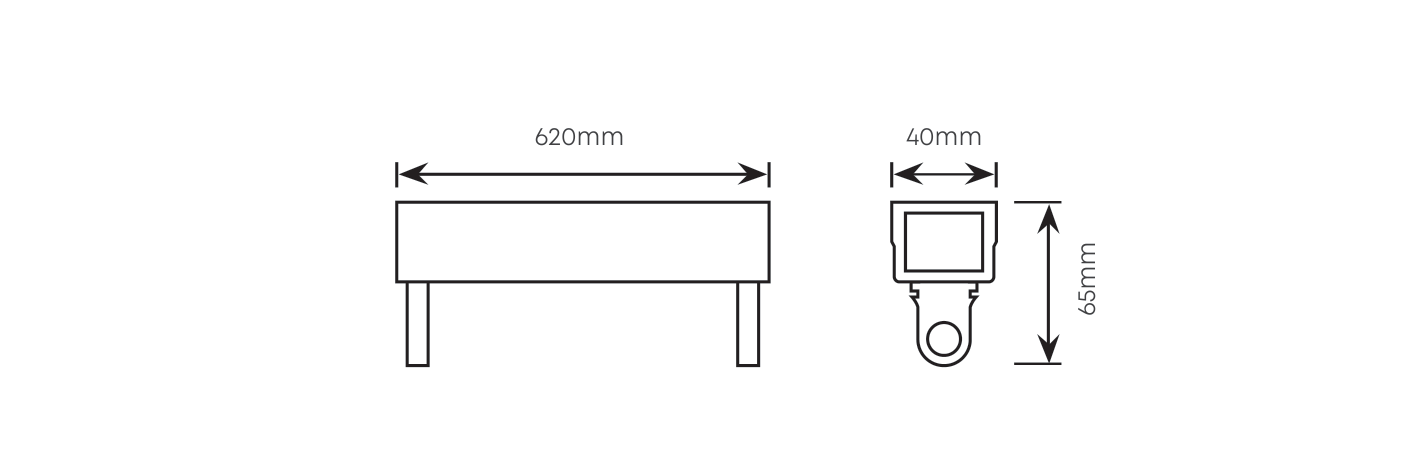 2FT Single Eco Open Channel wired for LED T8 1x9w 620mm, Dimension drawing