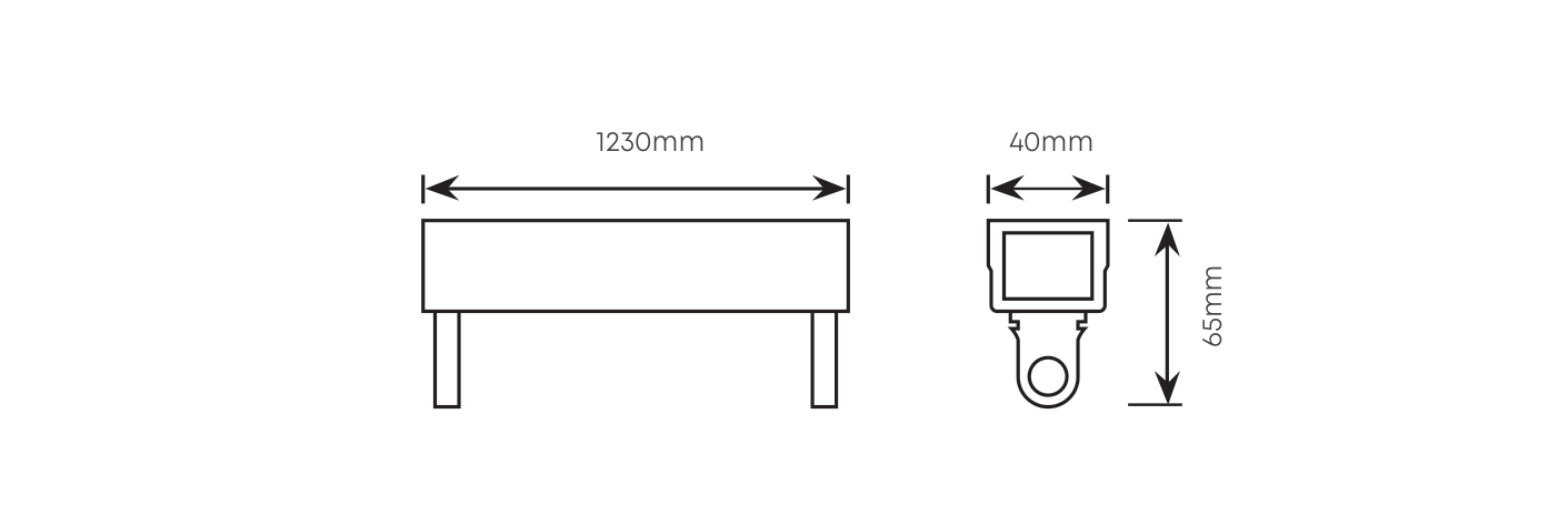 4FT Single Eco Open Channel T8 1x18w 1230mm Wired for LED, Dimension drawing