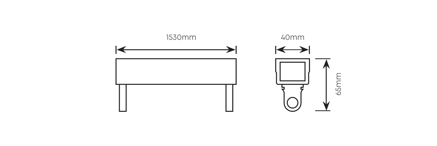 5FT Single Eco Open Channel T8 1x24w 1530mm Wired for LED, Dimension drawing