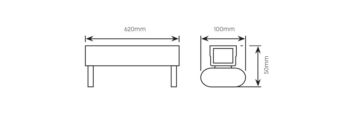 2FT Double Eco Open Channel wired for LED T8 2x9w 620mm, Dimension drawing
