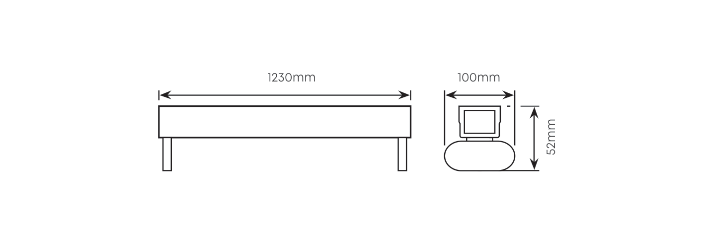 4FT Double Eco Open Channel T8 2x18W 1230mm Wired for LED, Dimension drawing
