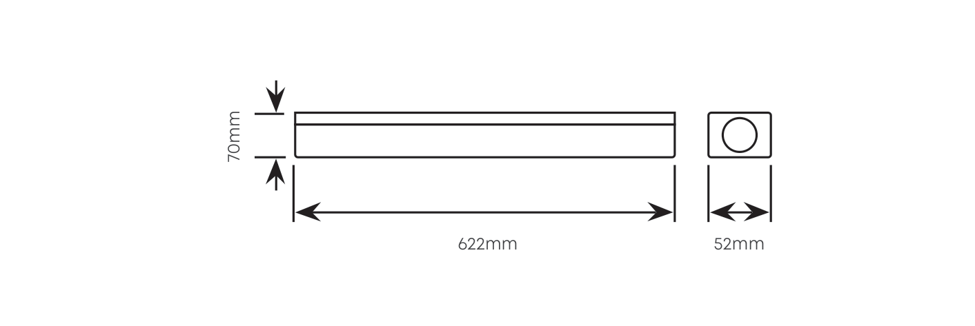 2FT Open Channel wired for LED T8 1x9w 620mm, Dimension drawing