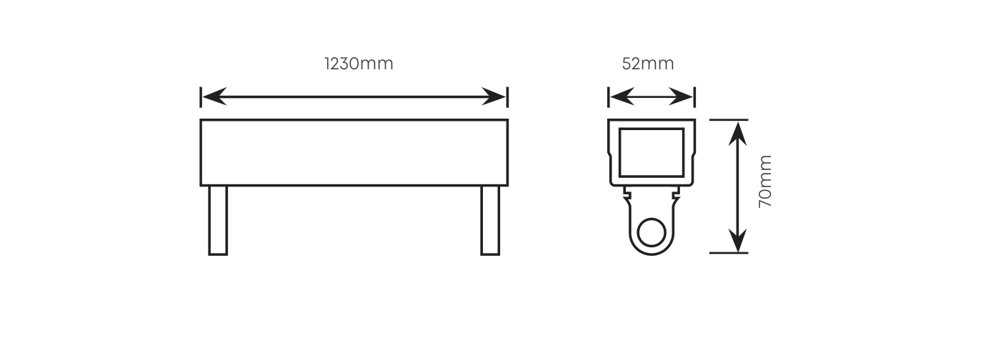 4FT Open Channel wired for LED T8 1x18w 1230mm, Dimension drawing