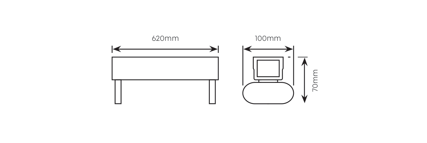 2FT Open Channel wired for LED T8 2x9W 620mm, Dimension drawing