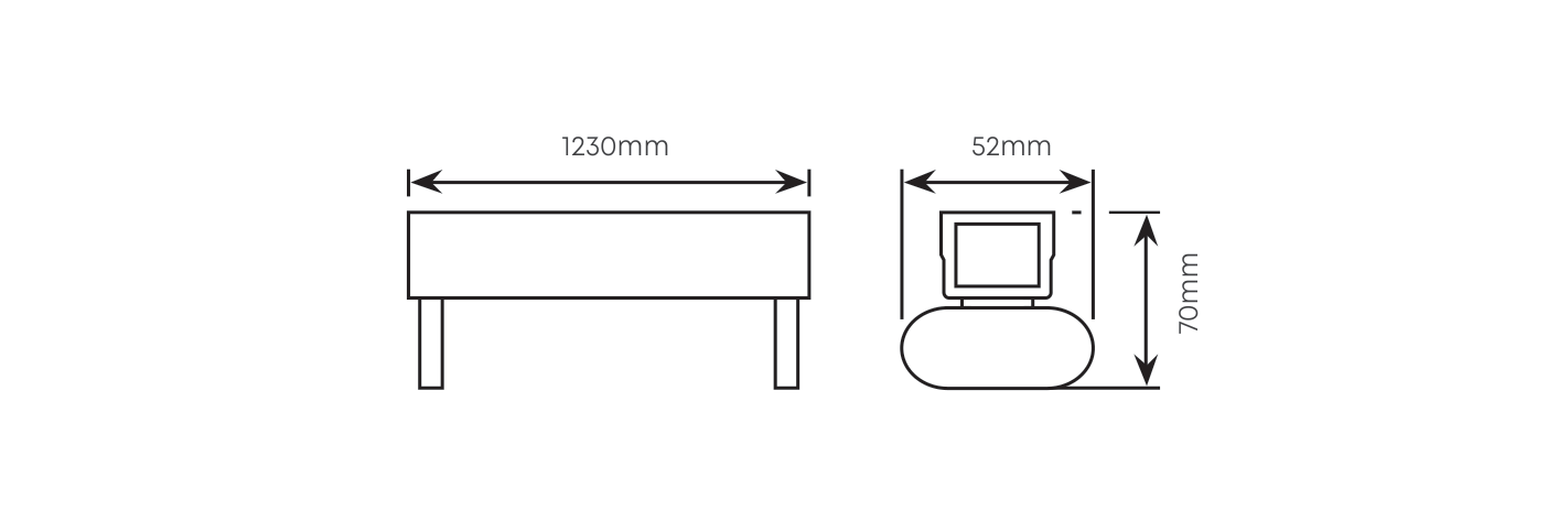 4FT Open Channel wired for LED T8 2x18W 1230mm, Dimension drawing
