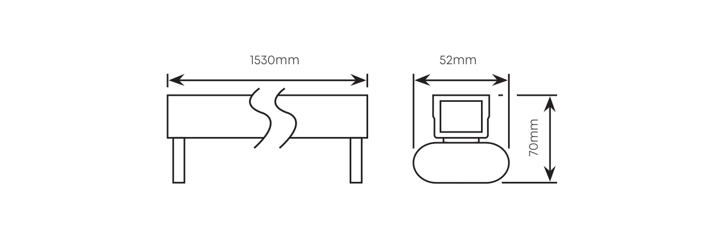 5FT Open Channel wired for LED T8 2x24W 1530mm, Dimension drawing
