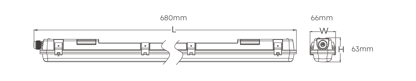 2FT Single Vapour Proof wired for LED T8 1x9w 680mm, Dimension drawing