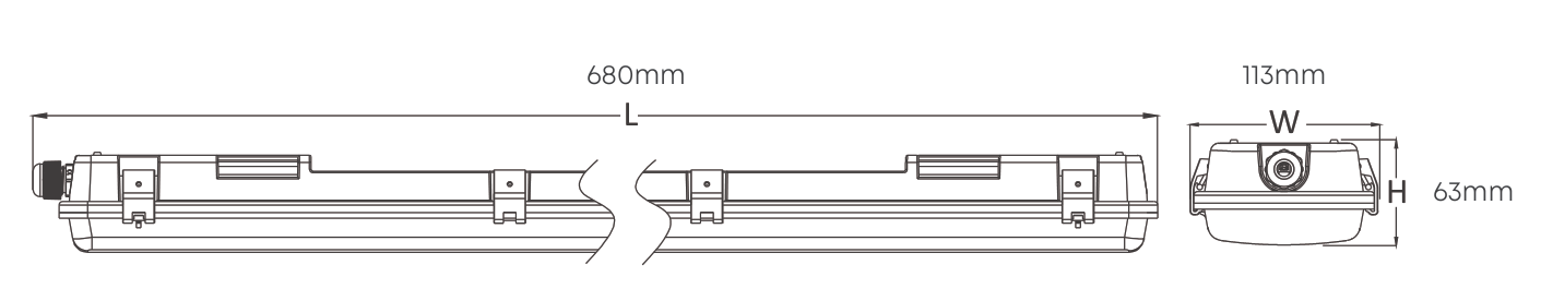 2FT Double Vapour Proof wired for LED T8 2x9w 680mm, Dimension drawing
